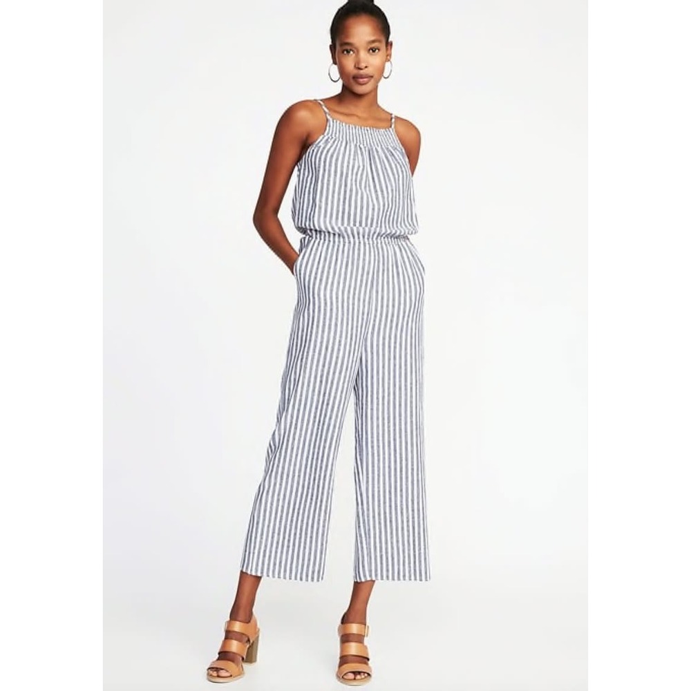Old Navy Striped Linen Smocked Wide Leg Jumpsuit Women M Blue White Coastal Chic